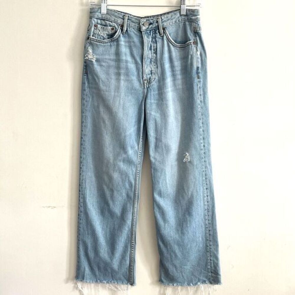 GRLFRND Bobbi Jeans Sz 27 Straight Leg Crop Raw Hems Button Fly Blue Distressed